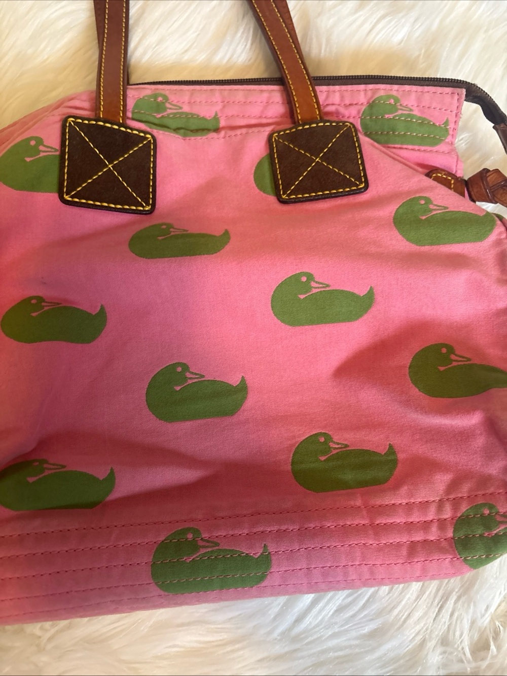 Dooney & Bourke Pink Canvas Tote with Green Duck Motif Brown Leather Trim preppy - Picture 3 of 8